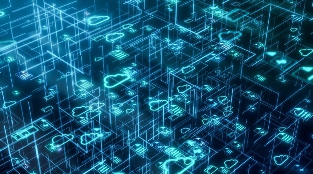 Illustration d’un data hub numérique représentant des flux de données et des icônes cloud interconnectées en 3D