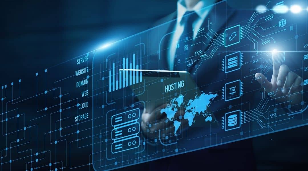 Illustration d’hébergement et de gestion de serveurs web, avec un expert manipulant une interface numérique affichant les mots serveur, domaine, cloud et stockage